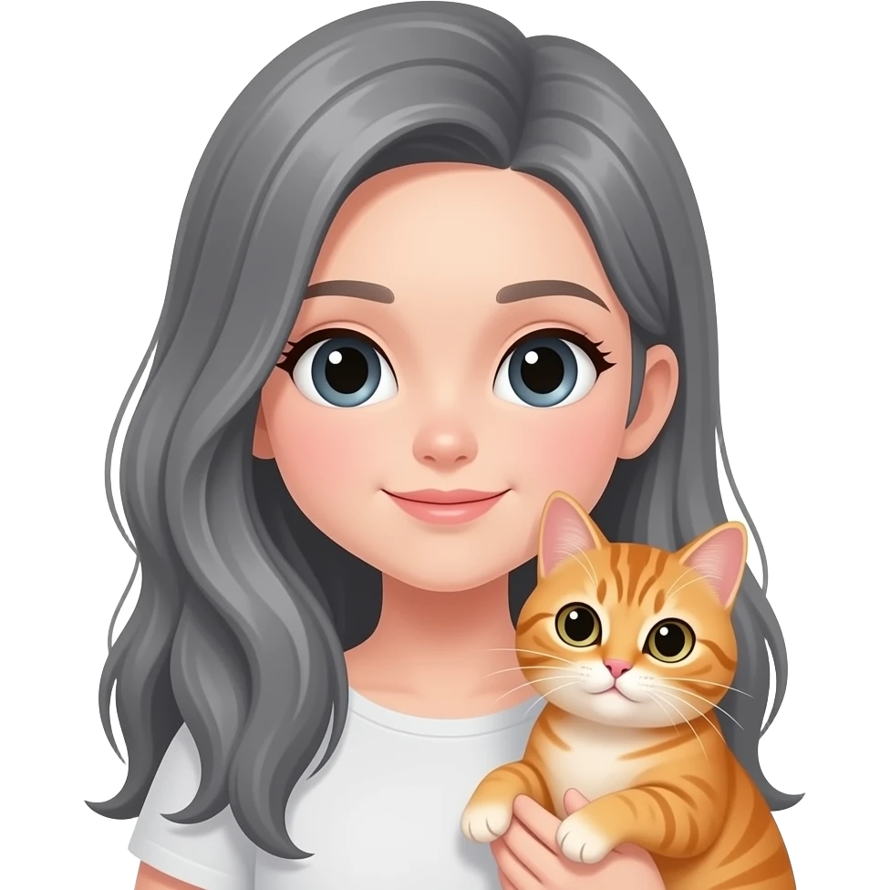 Gray long hair, no bangs in front,  parted on side girl holding orange cat emoji