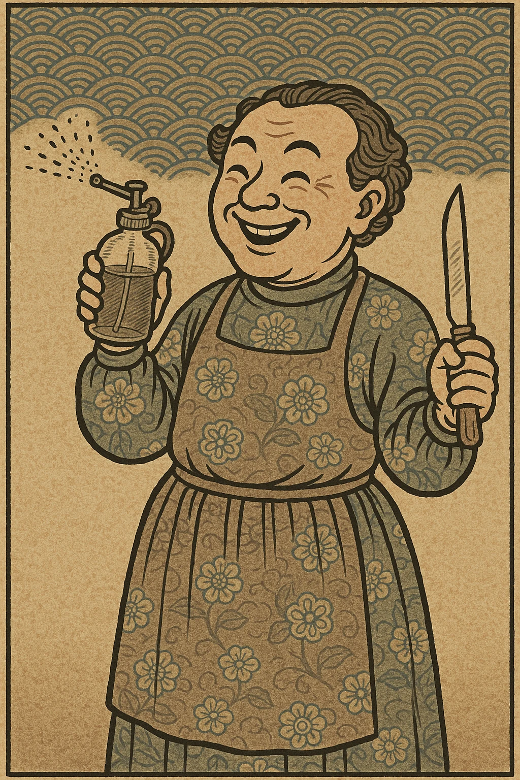 A happy victorian surgeon wearing a gown holding a carbolic spray in one hand and a surgeons knife in the other emoji