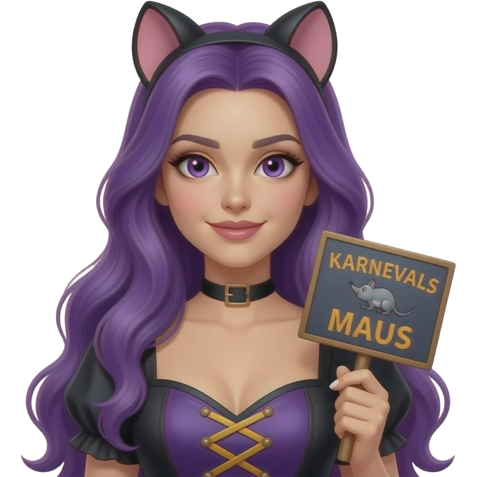 sexy girl with long purple hair and purple eyes wearing a halloween dress holding a KARNEVALS MAUS sign emoji
