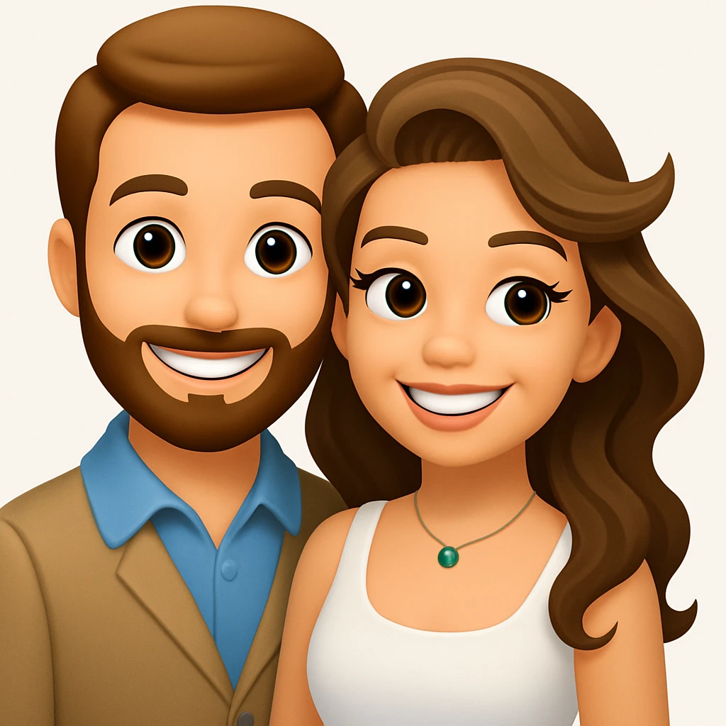 turn the second man in emoji style of the 1st image, match the facial features and match dressing style of the 2nd image, she is in whte tank top emoji