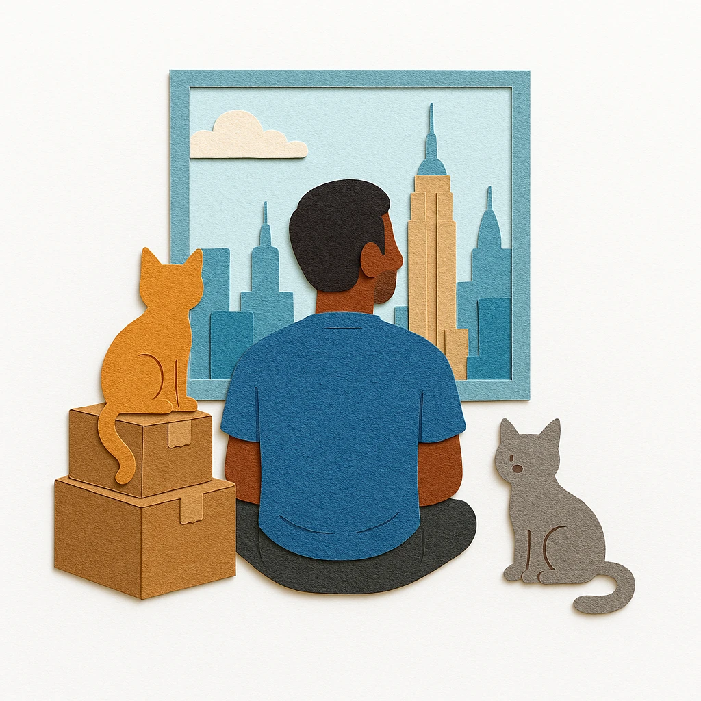 An Indian Black man with two cats, surrounded by moving boxes, looking out at the NYC skyline from their new apartment emoji