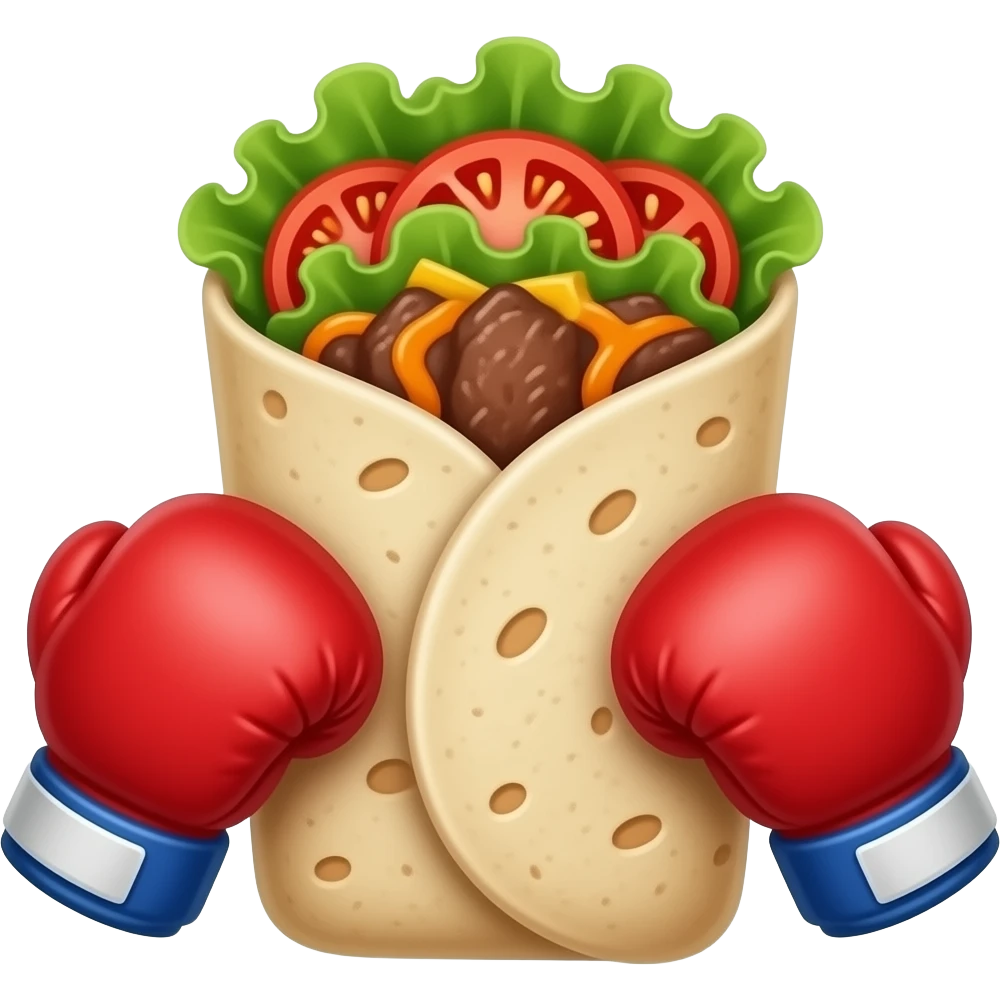 Doner kebab emoji in an open flatbread (not wrapped like a dürüm), visible filling with layered meat slices, lettuce, tomato and sauce, bread folded but open at the top, small boxing gloves, no arms or legs, clean glossy emoji style emoji