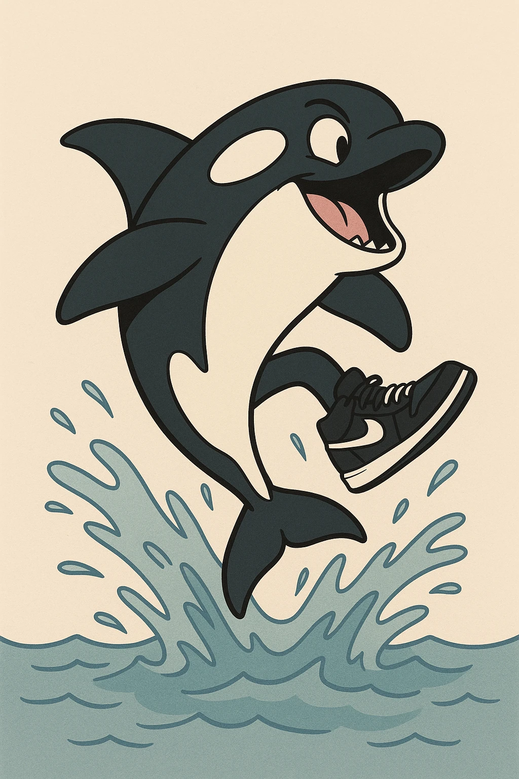 orca with black and white Nike sneakers jumping out of water, dynamic pose, minimal background, cartoon style emoji
