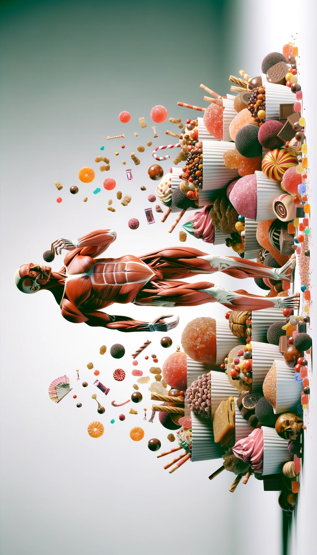 corpo umano anatomico in piedi a figura intera che si abbuffa di dolci e zuccheri, iperrealistico 4k, isolato su sfondo bianco emoji