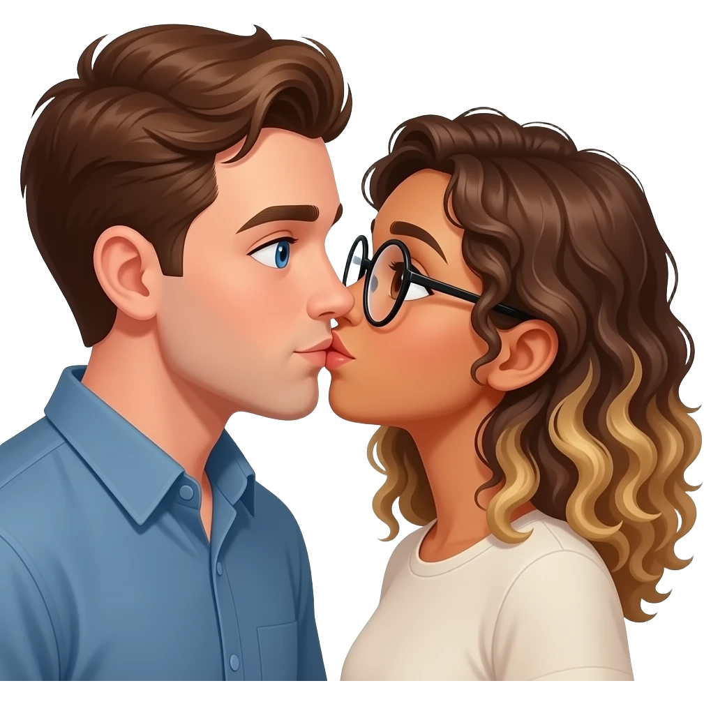 Homme blanc cheveux châtain avec yeux bleu et fille métisse cheveux bouclés marrons et blonds avec des yeux marrons et des lunettes rondes qui s’embrassent emoji