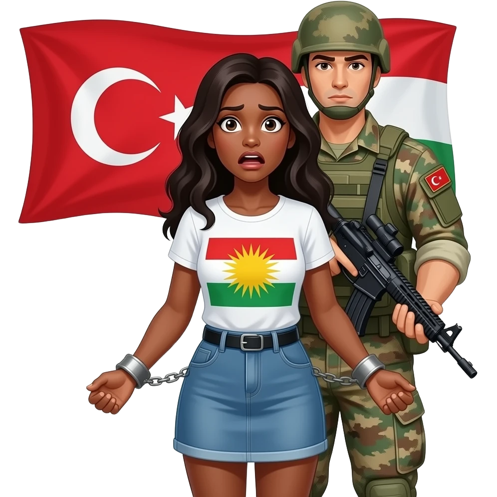 Kelepçeli siyah saçlı ve mini etekli Kürdistan bayrağı giyen korkan kadın ve arkasında onu joplayan bir  Türk asker emoji