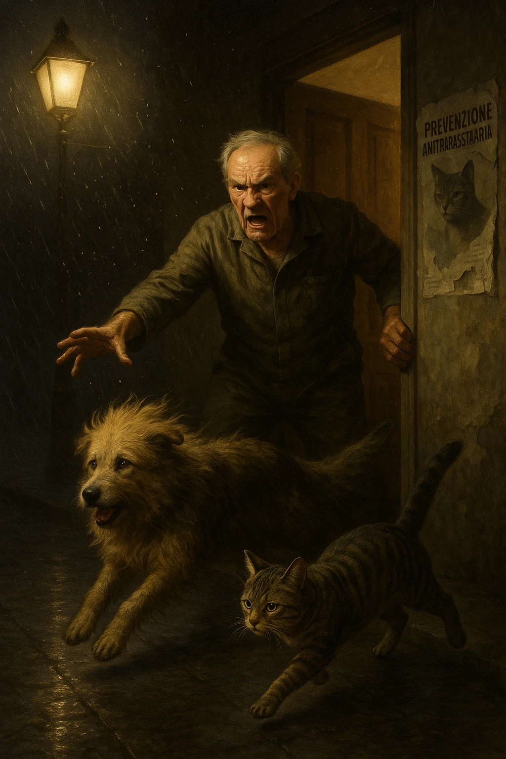 Un uomo anziano in tuta da lavoro, con espressione arrabbiata, butta fuori i suoi animali con aperta la porta di casa mentre il suo cane (un meticcio a pelo lungo) e il gatto (soriano) scappano nella strada buia sotto la pioggia. Particelle di polvere/pulci fluttuano nell'aria illuminata dal lampione. Sullo sfondo, un poster strappato del veterinario con scritto 'Prevenzione antiparassitaria'. Stile fotorealistico, illuminazione Caravaggesca, toni grigi e ocra. in italiano emoji