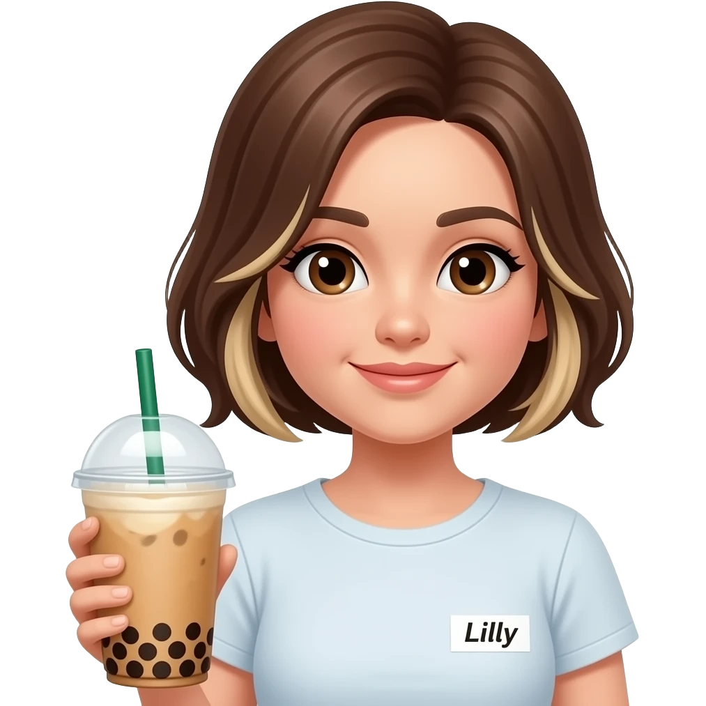 Girl with short brown hair with bleached highlights is holding a cup of Thai bubble tea and a label that reads "Lilly" emoji