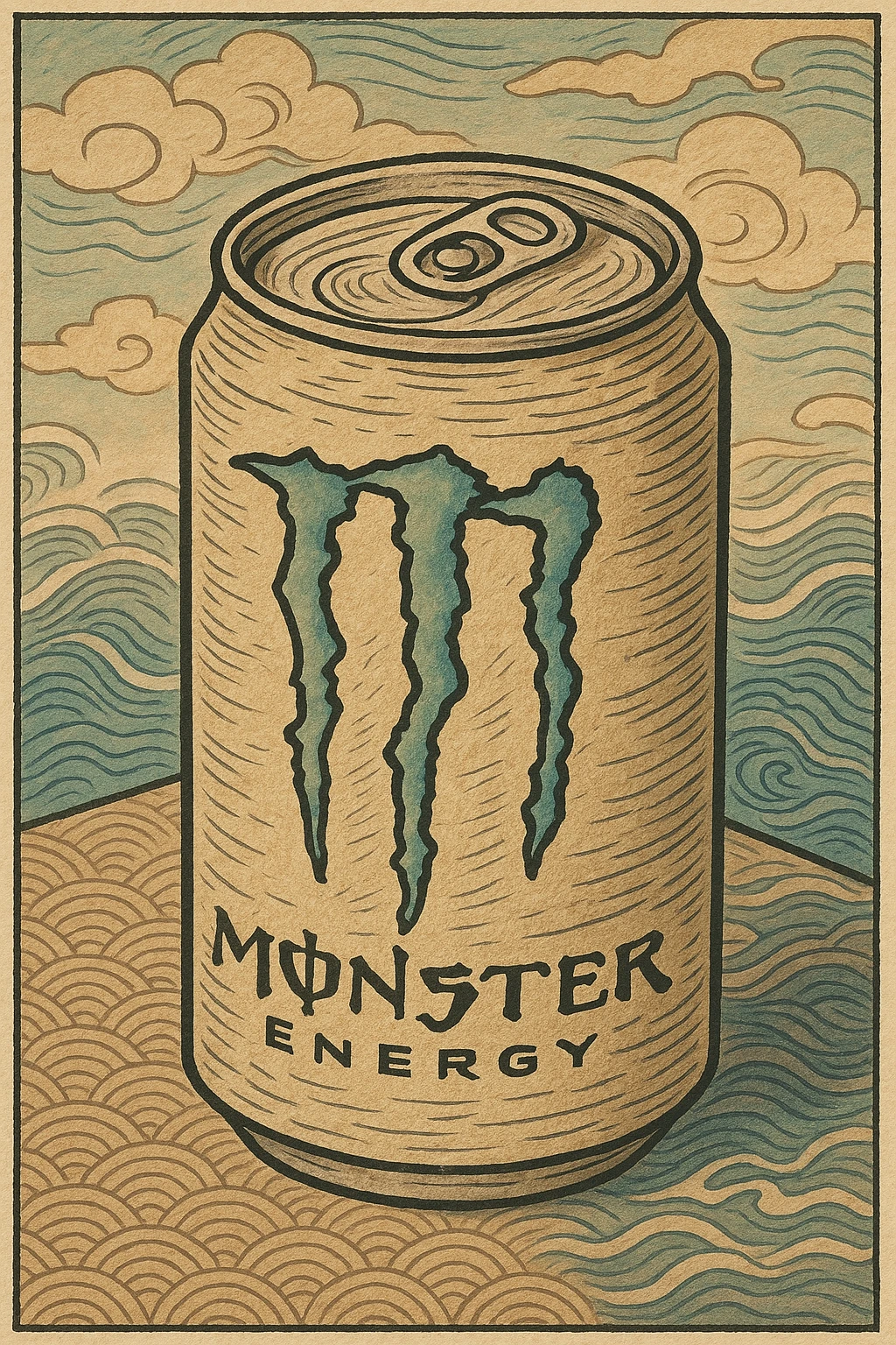 monster energy drink can, ukiyo-e inspired cartoon illustration style, traditional Japanese woodblock print look emoji