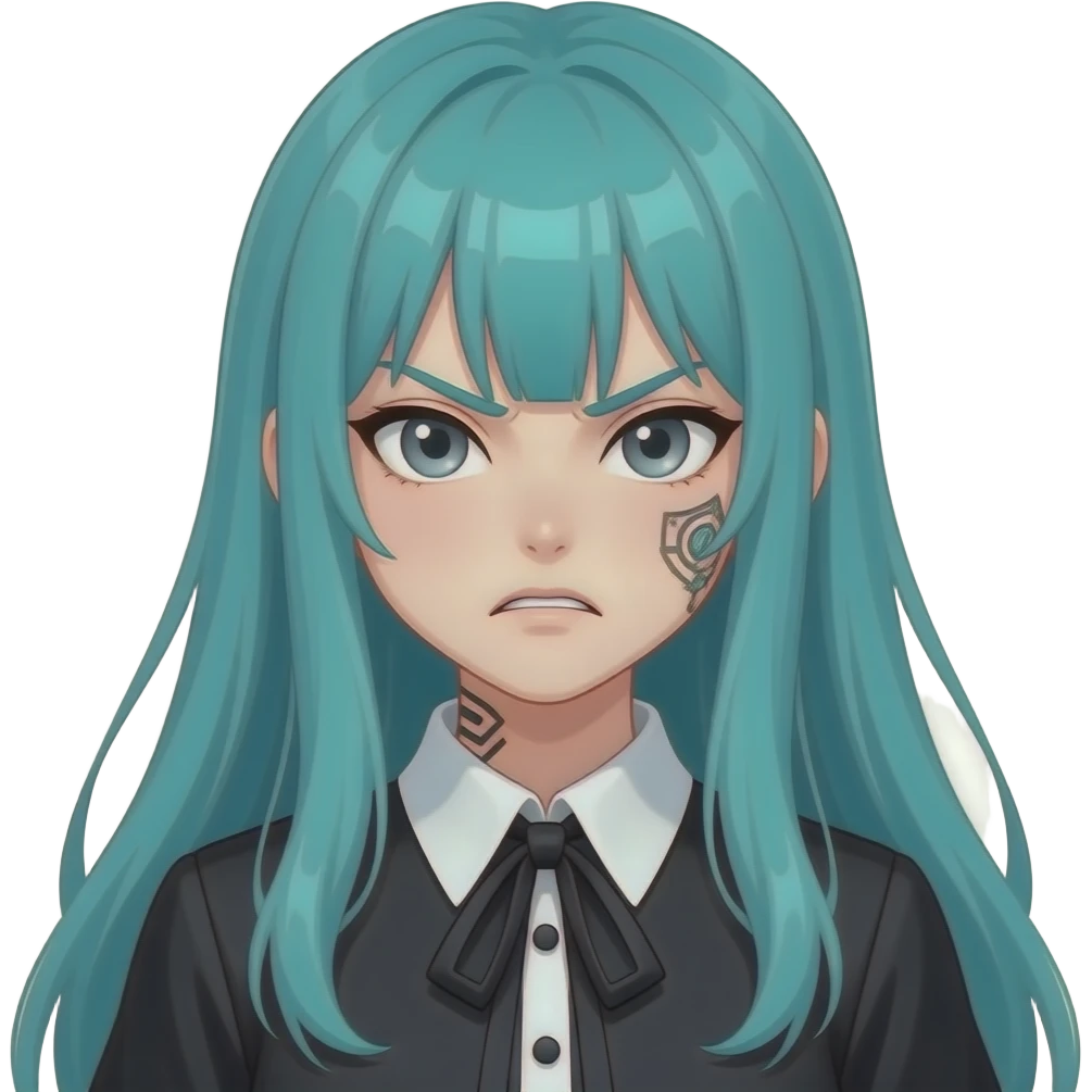 anime girl, angry face, face tattoos, long flowing teal hair, grey eyes, black shoulder cyberpunk blouse with fancy white collar emoji