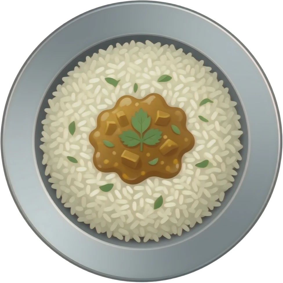 A metal disk holds curry rice emoji