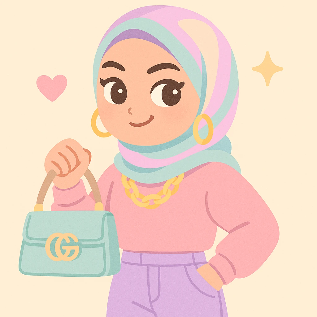 baddie hijabi, playful smirk, statement jewelry, designer bag, patterned hijab, trendy clothes, cool attitude, pastel colors emoji