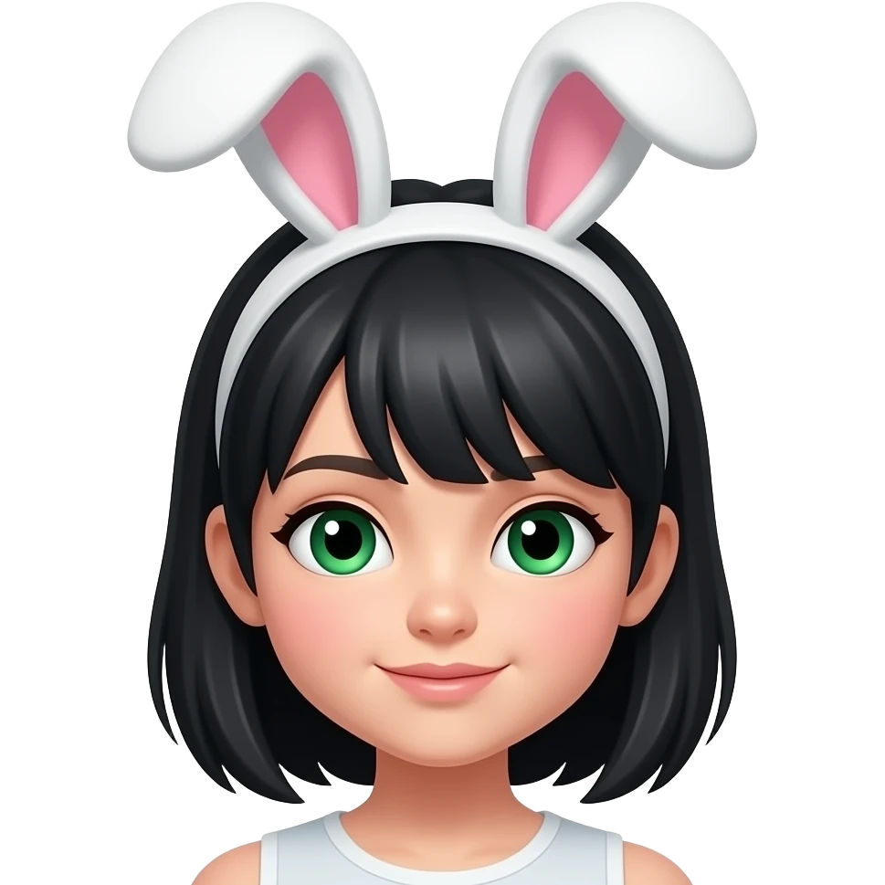 Make a hairband bunny ears on a girl with grean eyes, black hairs emoji
