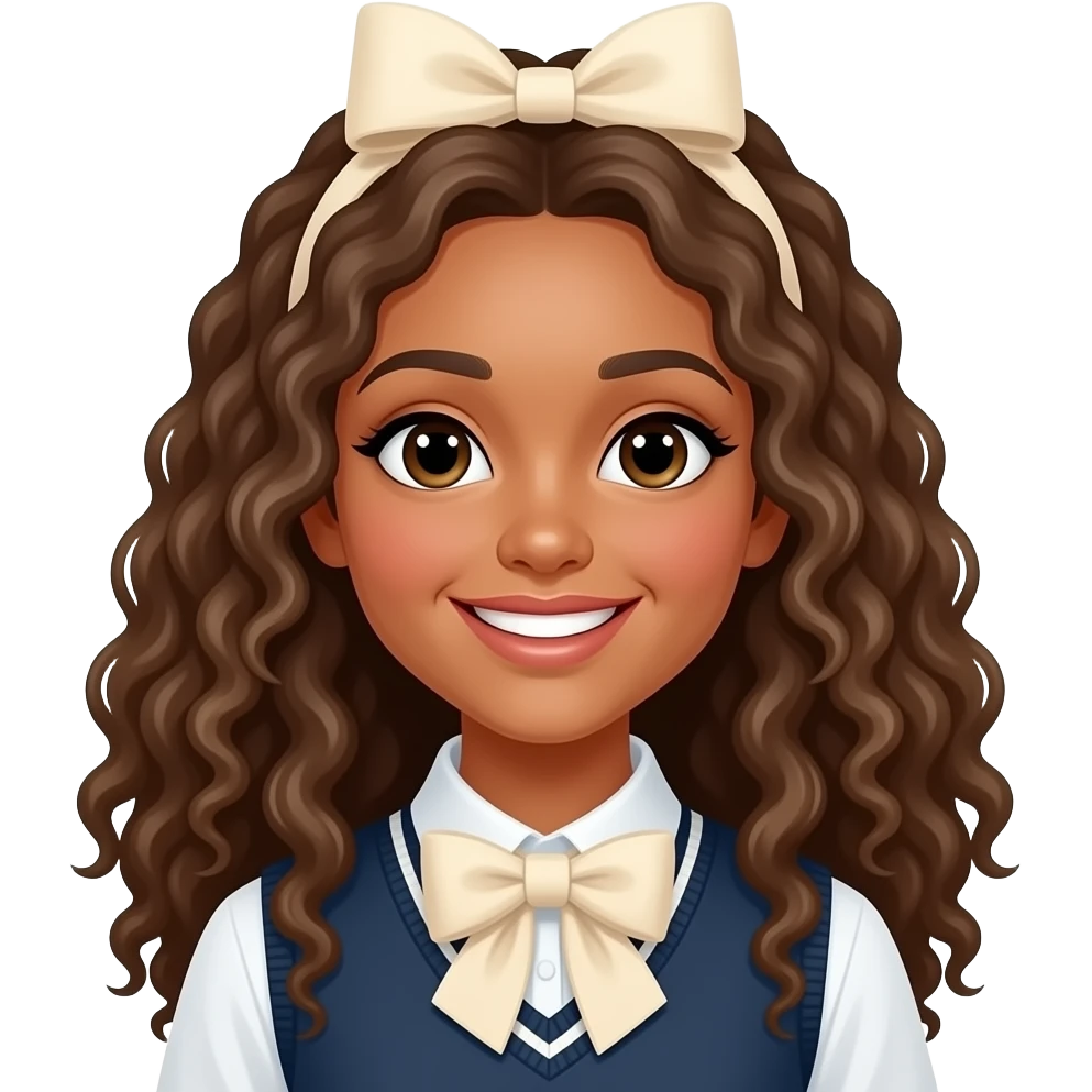 A female student with long, naturally curled hair and a bright, melting smile, adorned with a minimalist white or beige bow. emoji