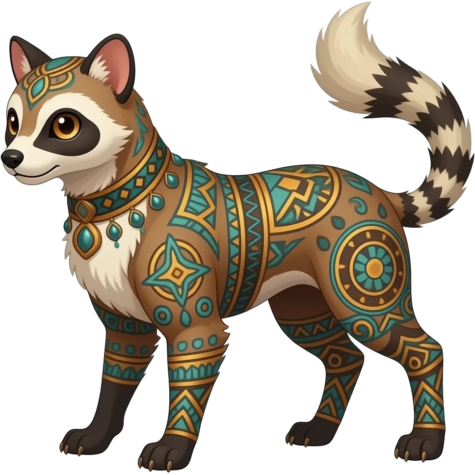 Tribal-patterned unique epic legendary vintage antique elemental aesthetic quadrupedal elegant oriental feral painted Civet-Litten-Luxray-Sprigatito-Furret-Sylveon-Fakémon-fusion-hybrid-creature emoji
