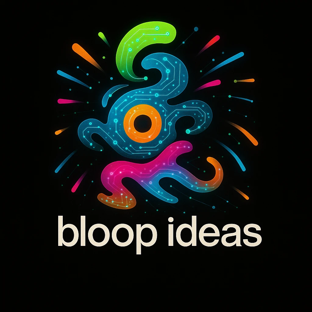 Add subtle tech details such as circuit patterns, digital dots, or glowing lines to the abstract mascot character. Maintain the playful, energetic, and imaginative vibe suitable for a black website background. Retain the bright, lively color palette and include the tagline 'bloop ideas'. emoji