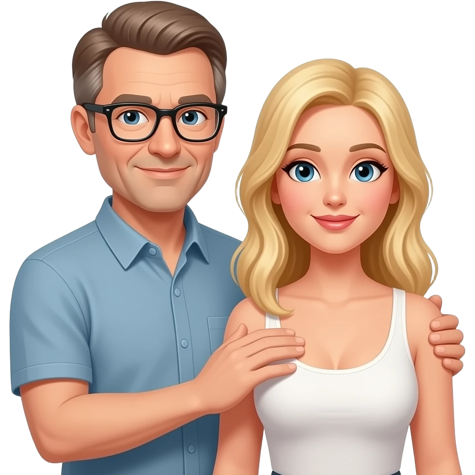 A middle age man with light brown hair combed to the side with black glasses feeling a hot blonde girls breast emoji