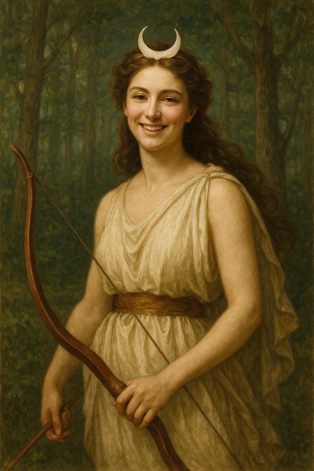Happy Diana, Roman goddess, in a forest, holding a bow, crescent moon tiara, smiling, mythological and elegant emoji