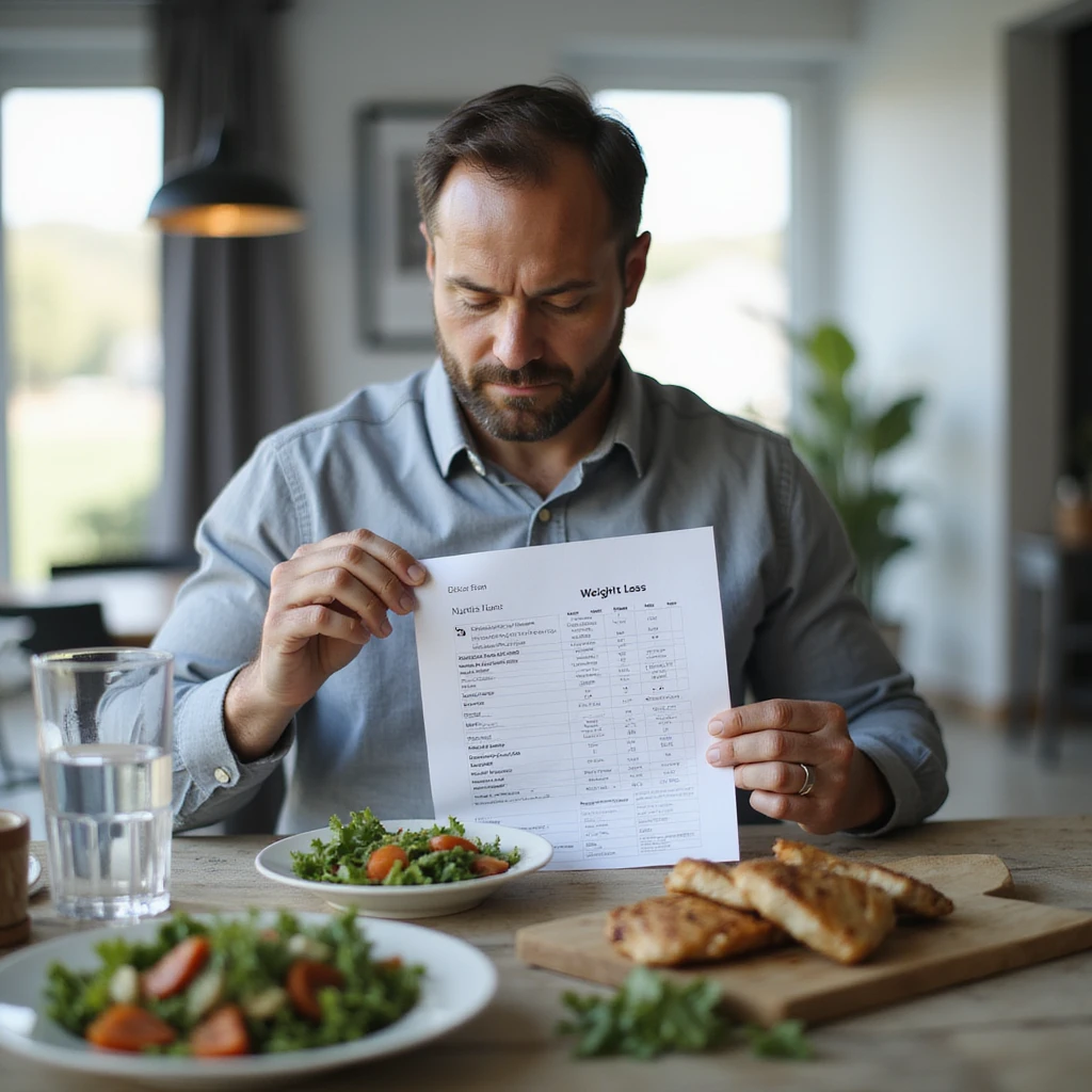 realistic image of a man following a personalized nutritional plan for weight loss, sitting at a table with salad, grilled chicken and water, consulting a printed nutritional chart, modern home environment, bright and motivated atmosphere emoji