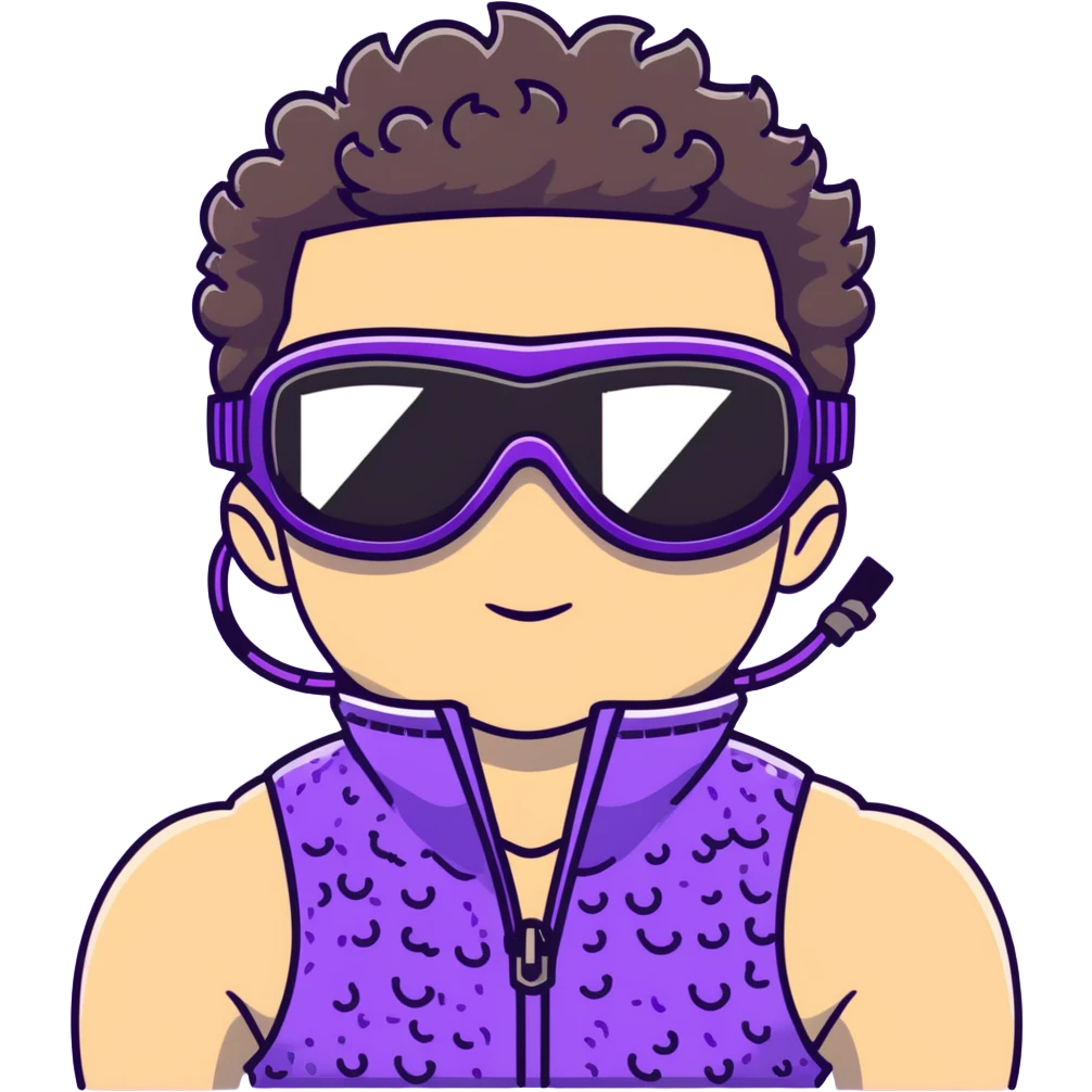 male athlete with white skin and moderately curly dark brown hair on top with shaved sides, wearing ski goggles with purple frames and very dark black lenses, a simple plain black chain necklace, and a completely unzipped sleeveless vest with purple and black sequin fire pattern design with no logo, fully revealing his chest, shoulders and arms, no earrings emoji