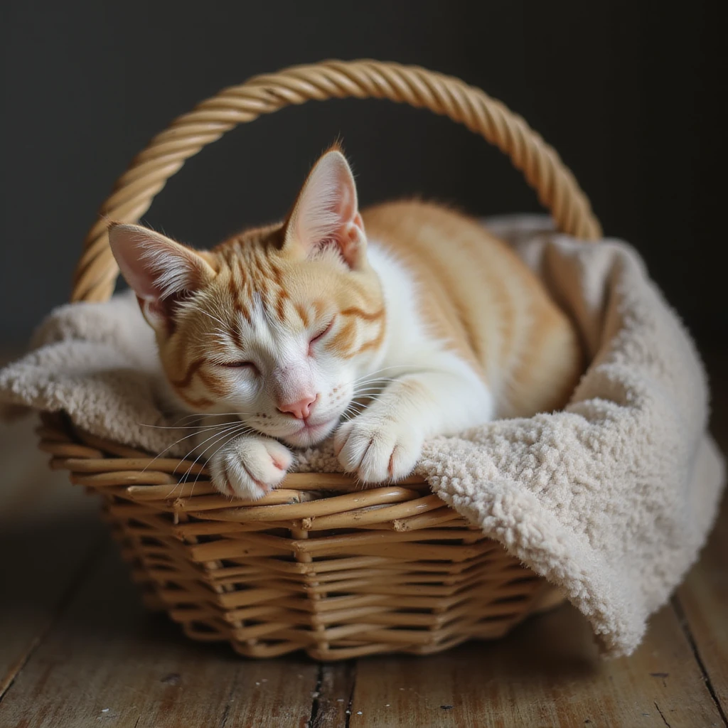 realistic cat sleeping in a basket, soft colors emoji