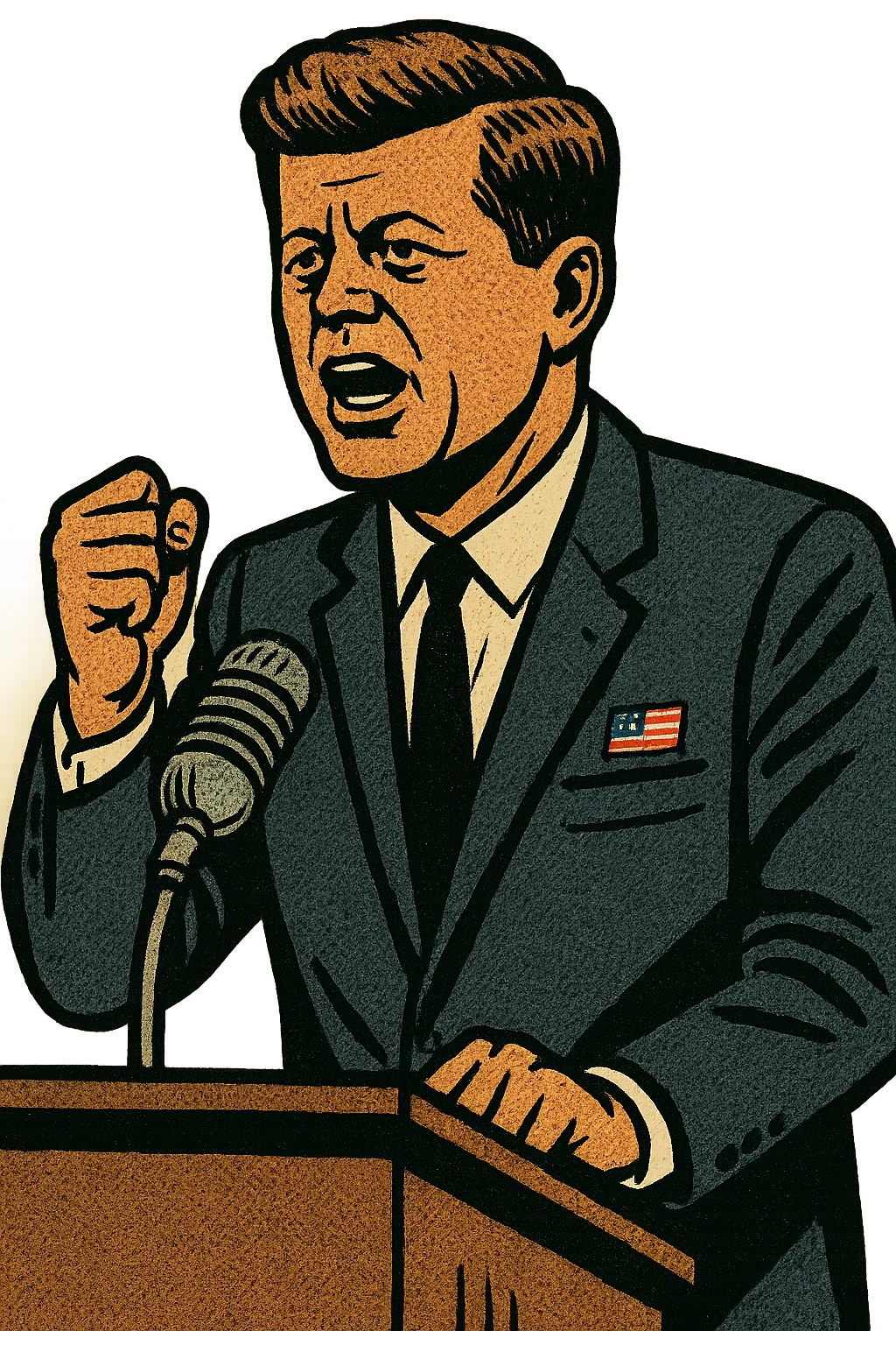 President Kennedy wearing a suit with a US flag badge making a speech standing behind a lectern with a 1960s microphone emoji