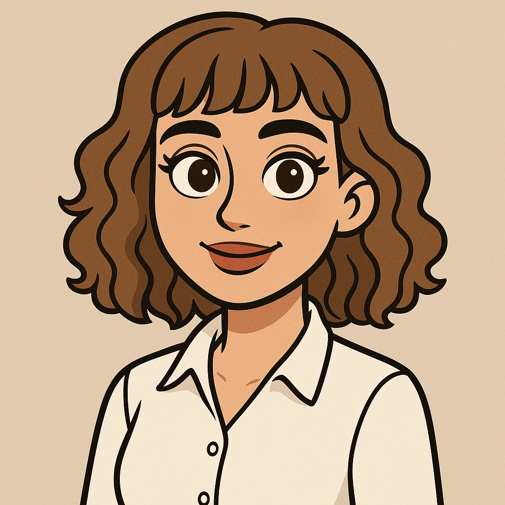 cartoonish AI avatar of a young woman, 22, brown eyes, light brown slightly curly shoulder-length hair with bangs, subtle makeup, white dress shirt emoji