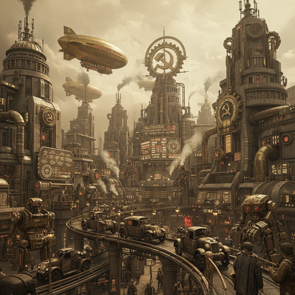 Советский умный-город. Ретро-киберпанк в стиле Atomic Heart.

Но без современных технологий, а в 1920 году.

Стиль фотореализм emoji