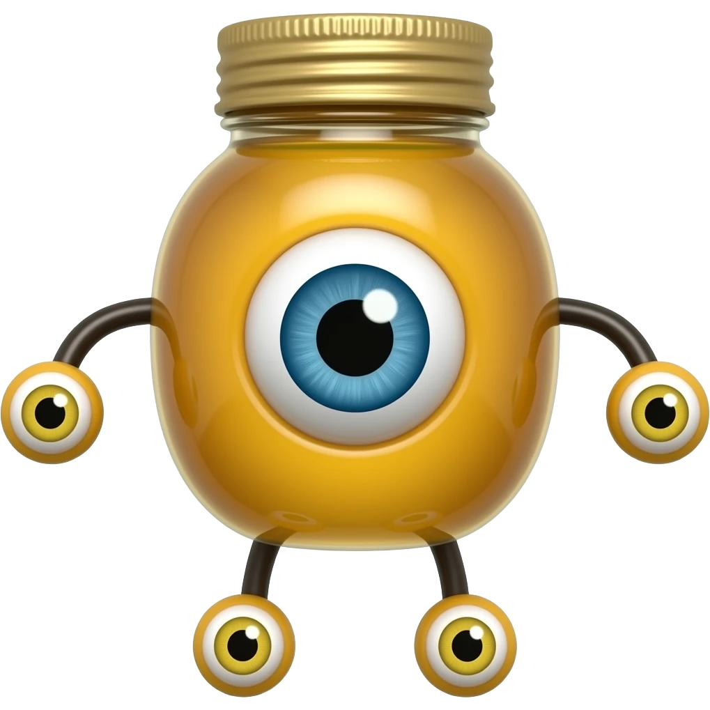 A honey bottle with one single eye and legs and arms with yellow eye emoji
