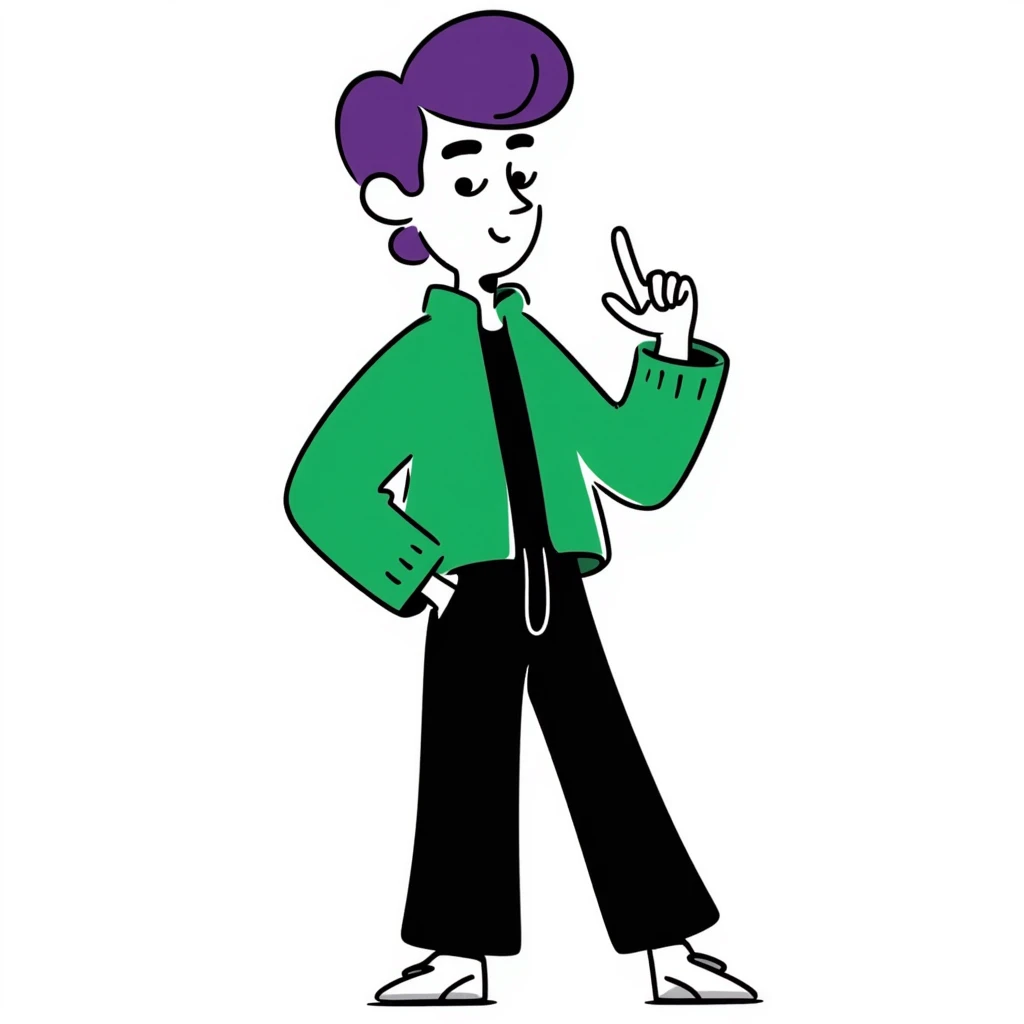 Man with stylish green jacket and purple hair, strong pose, bold expression, modern clothing style emoji
