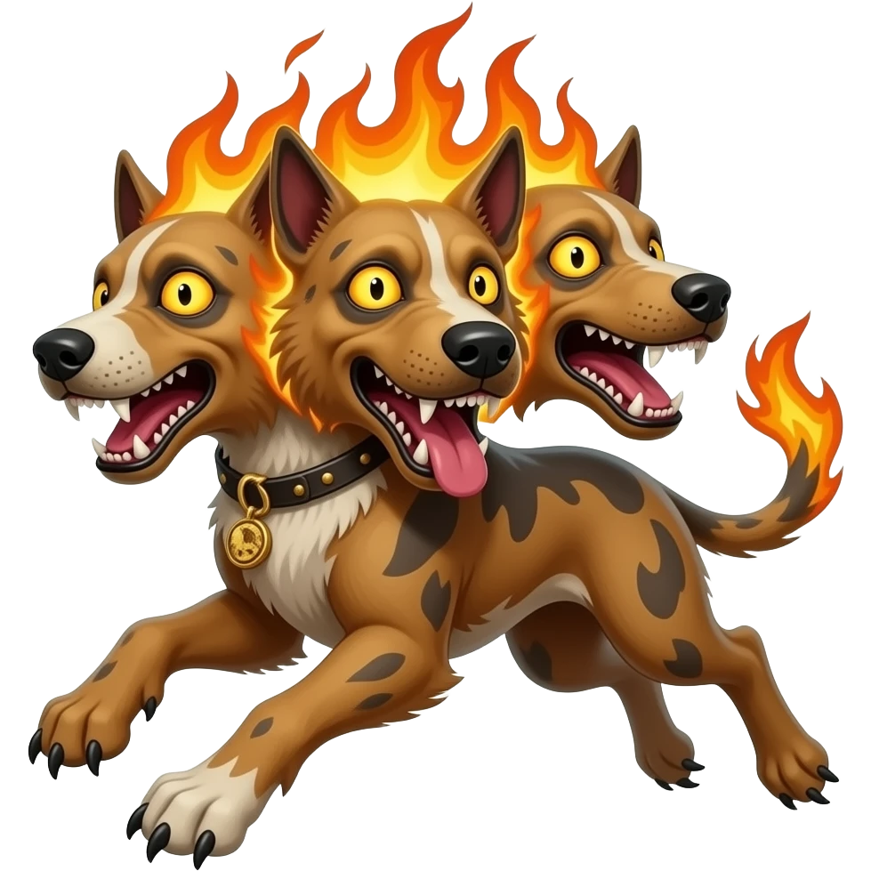 cinematic - cerberus, a three-headed zombie flaming dog - jumping - that guards the gates of the underworld emoji