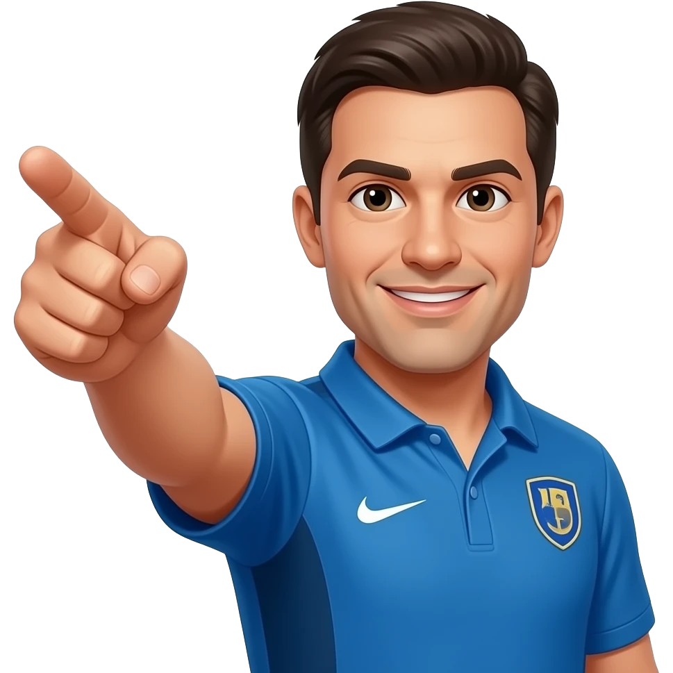 coach in a blue shirt making a pistol gesture emoji