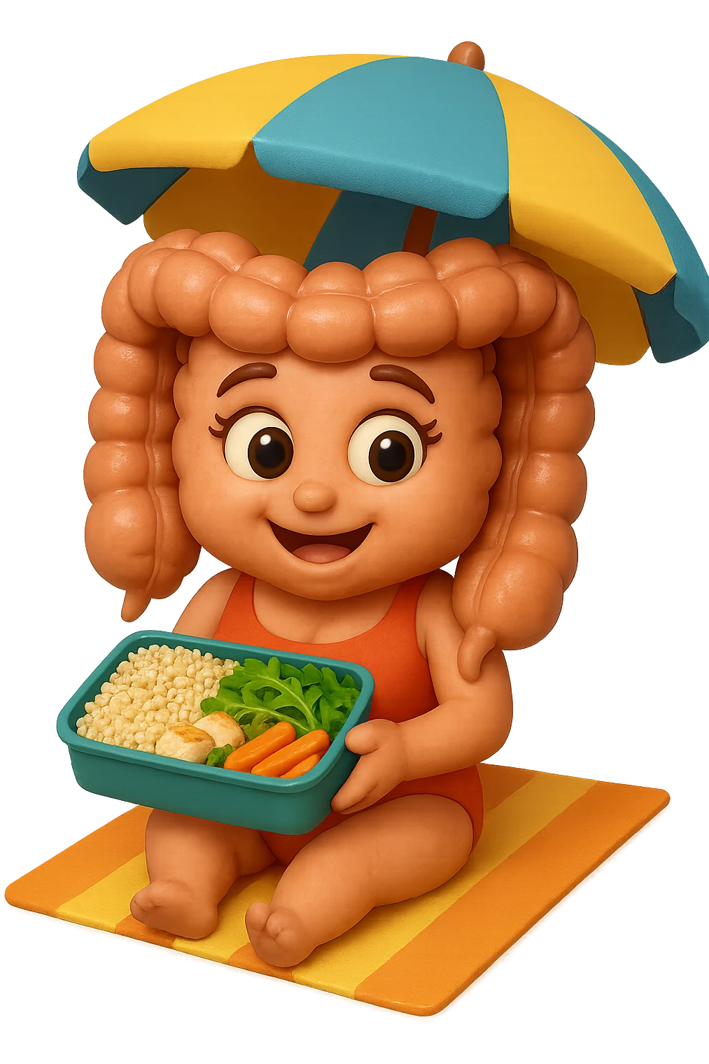 EMOJI STILE IPHONE DI INTESTINO DONNA CON COSTUME INTERO IN SPIAGGIA SEDUTO SU UNA SPIAGGINA SOTTO L'OMBRELLONE CON IN MANO UNA SCHISCETTA DI Insalata di quinoa e pollo con rucola e carote, iperrealistica 4k emoji