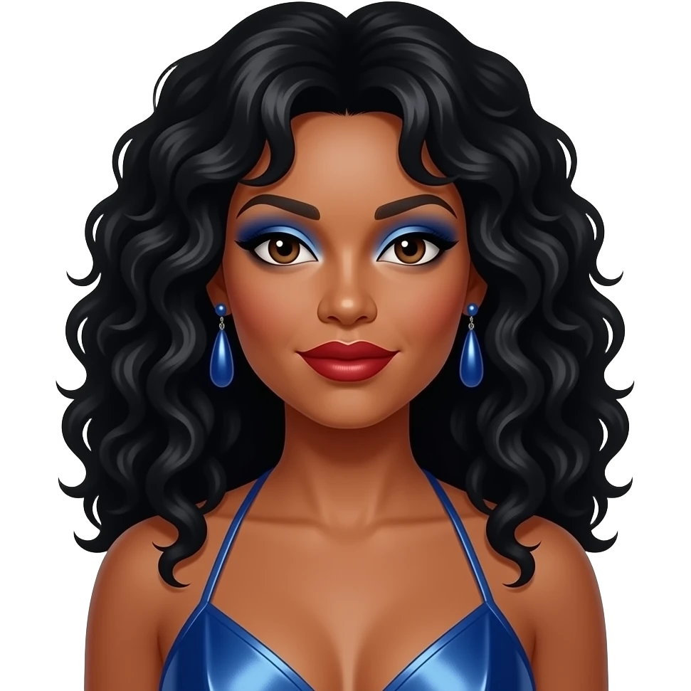 Donna Summer with dark brown eyes, long black disco curls hair, indigo eyeshadow, red lipstick, indigo metallic halter dress, indigo earrings emoji