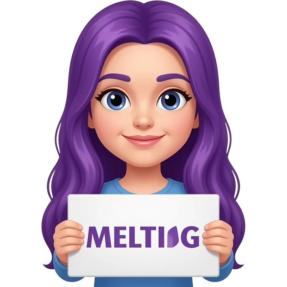 girl with long purple hair holding a MELTING... sign emoji