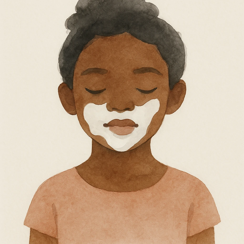 watercolor painting of a dark-skinned girl with milk on her face emoji