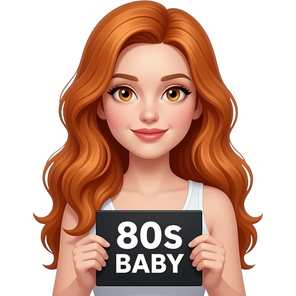 sexy girl with long ginger hair and ginger eyes wearing a white tanktop is holding a black sign with 80s BABY written on it emoji