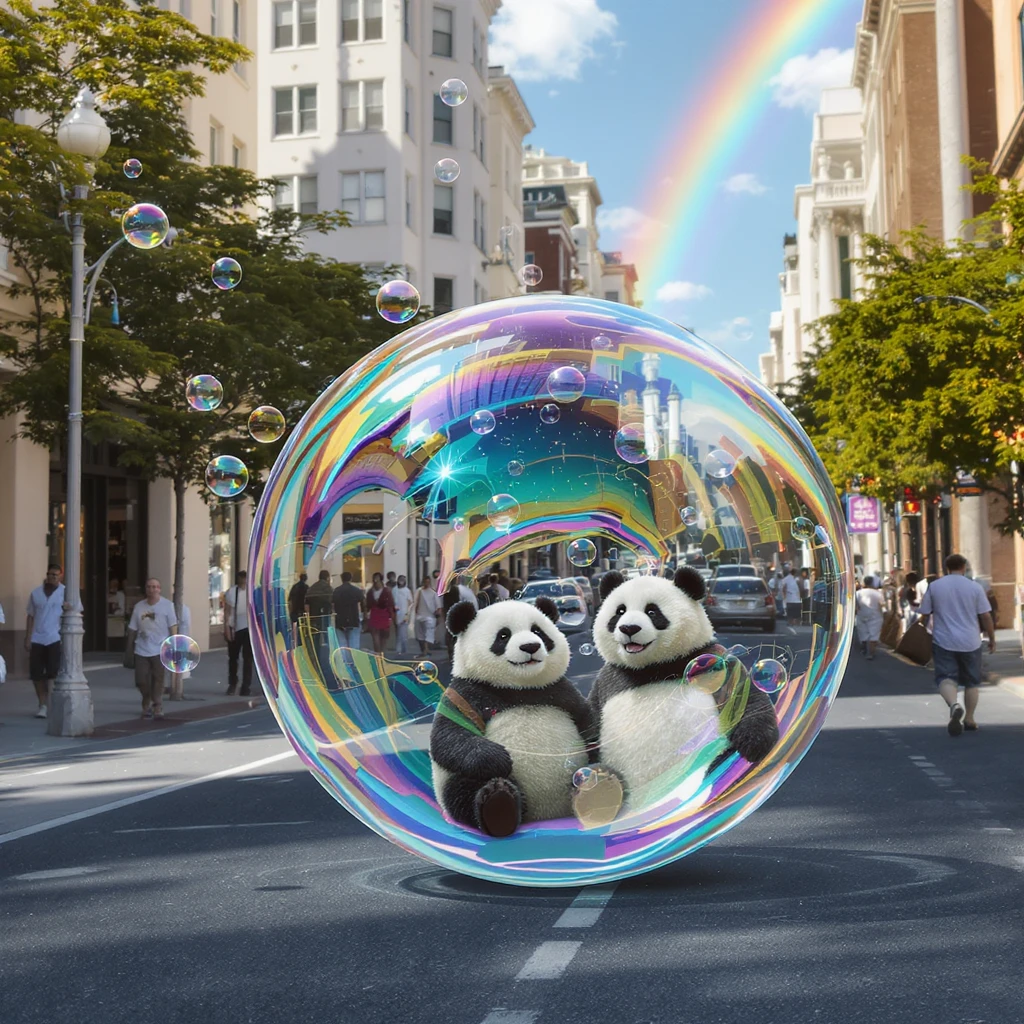 Cinematic still pandas bears sitting inside bubbles flying around San Francisco downtown, sunny summer day, happy vibe, colorfull surround, rainbow emoji