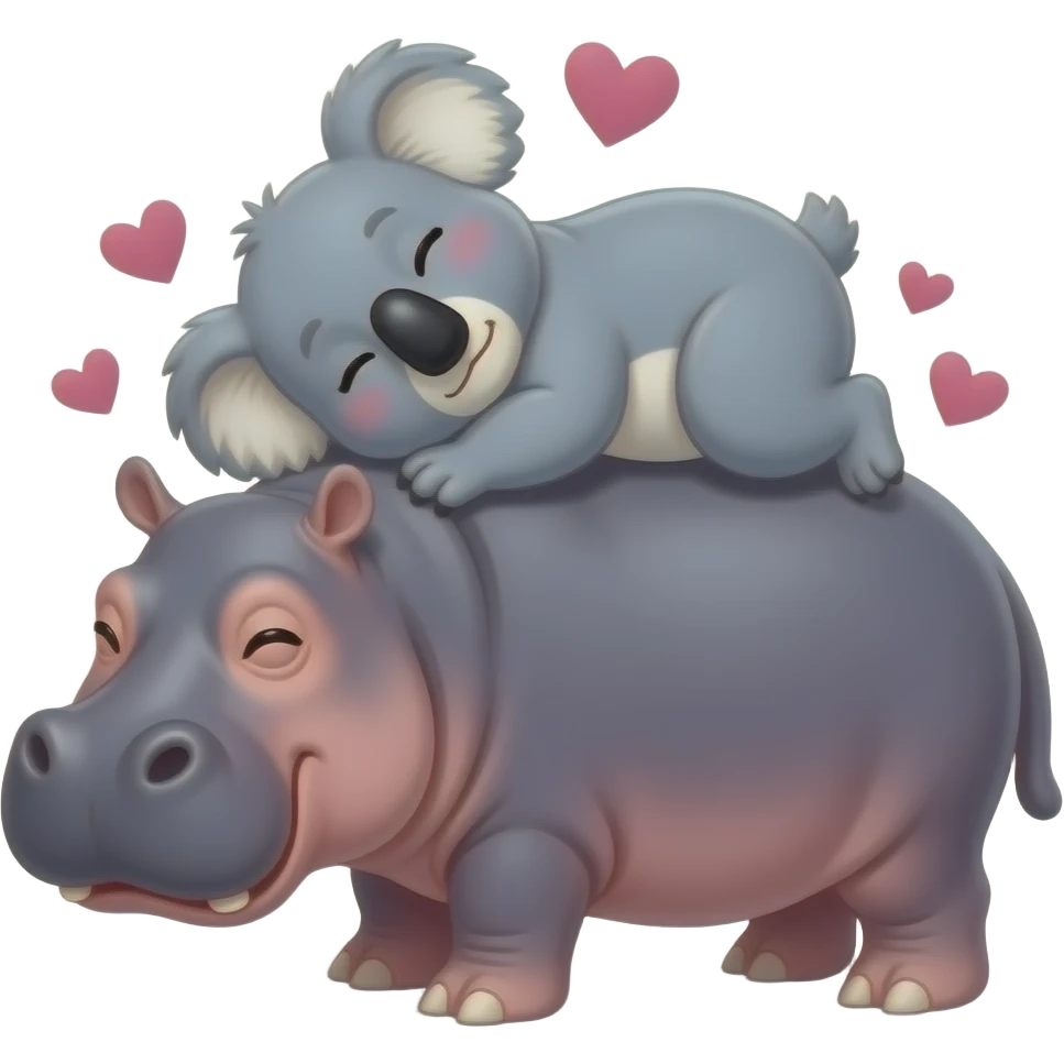 koala laying on back.hearts.  Hippo kiss koala. Koala on bottom   Hippo laying on top of it. Hippo on stomach on top. Koala legs wrapped around hippo. Best friends snuggling.  Koala legs fully wrapped all around entire hippo closely. Hippo legs touching ground. emoji