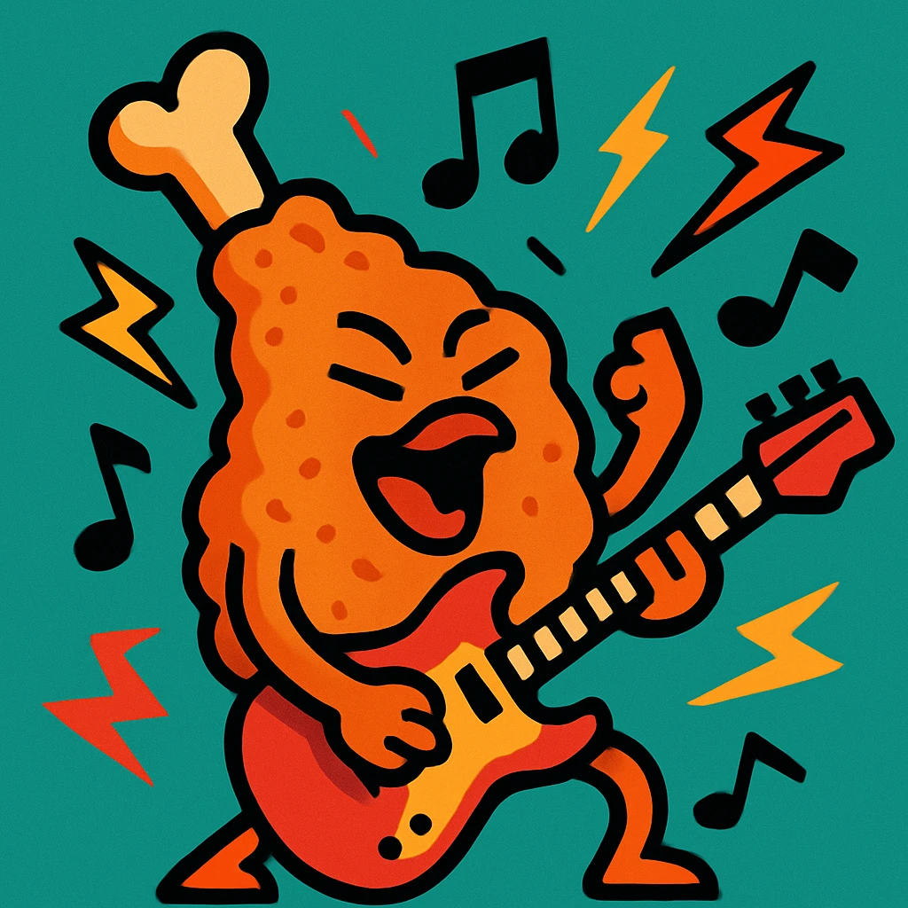 fried chicken with rock music elements like guitar and music notes, energetic style emoji