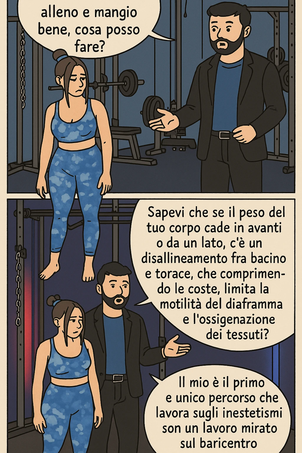 TRASFORMA QUESTO CAROSELLO IN UN FUMETTO CON QUESTE DUE PERSONE IDENTICHE CHE INTERLOQUISCONO TRA LORO:

LEI: Ho la cellulite anche se mi alleno e mangio bene, cosa posso fare?

LUI: Hai controllato il tuo baricentro corporeo?
LUI: Sapevi che se il peso del tuo corpo cade in avanti o da un lato, c’è un disallineamento fra bacino e torace, che comprimendo le coste, limita la motilità del diaframma e l’ossigenazione dei tessuti?
LUI: Il mio è il primo e unico percorso che lavora sugli inestetismi con un lavoro mirato sul baricentro corporeo. emoji