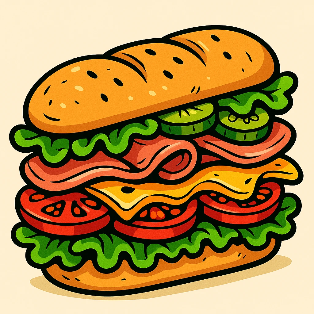 a cartoon-style submarine sandwich with exaggerated layers of ingredients, playful and bold style emoji