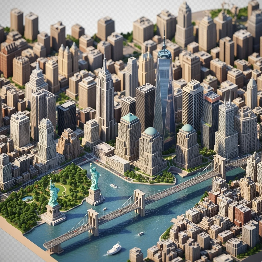 Isometric miniature of New York Сity Empire State Building, One World Trade Center, Statue of Liberty, Brooklyn Bridge, and Central Park chaotic low-rise blocks in outer boroughs 3D miniature effect and Tilt Shift effect, no cartoonish look, transparent background. emoji