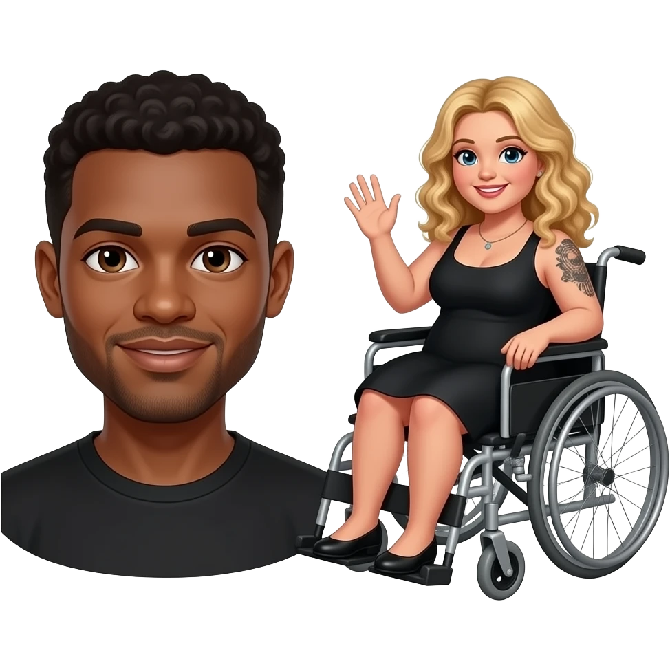 Plus size women waving in wheelchair Blonde curly hair blue eyes black tattoos on right lower arm wearing a black summer dress saying “Best Friends”in cursive teal writing above with a pitcher of a African American man with black hair brown eyes NO facial hair emoji