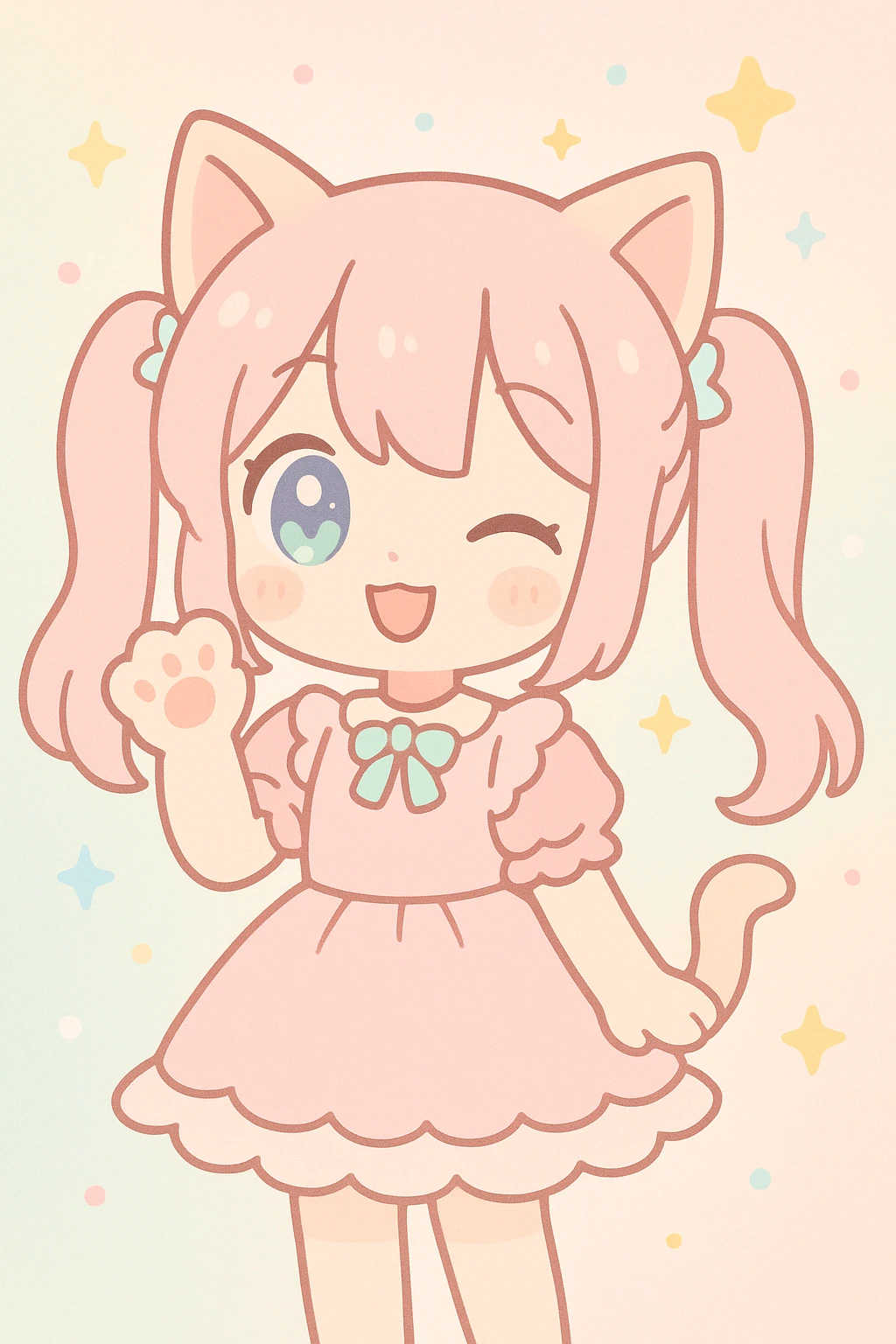 cute anime cat girl, twin tails, winking, holding a paw up, frilly dress, sparkly background emoji