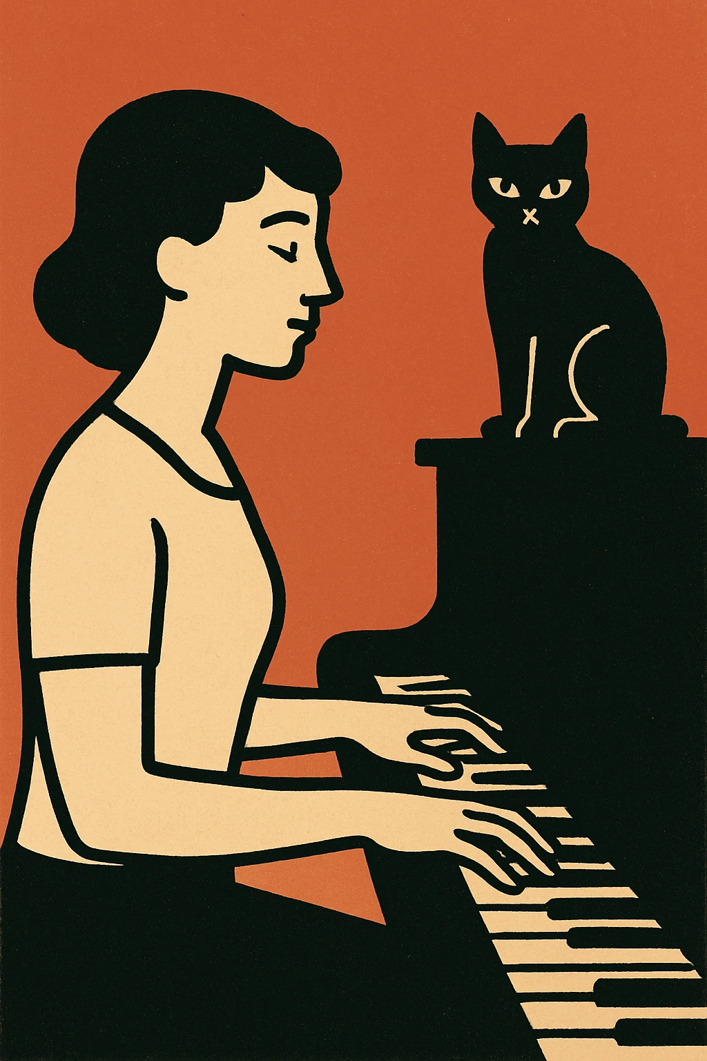 woman playing piano while her cat sits on top of the piano emoji