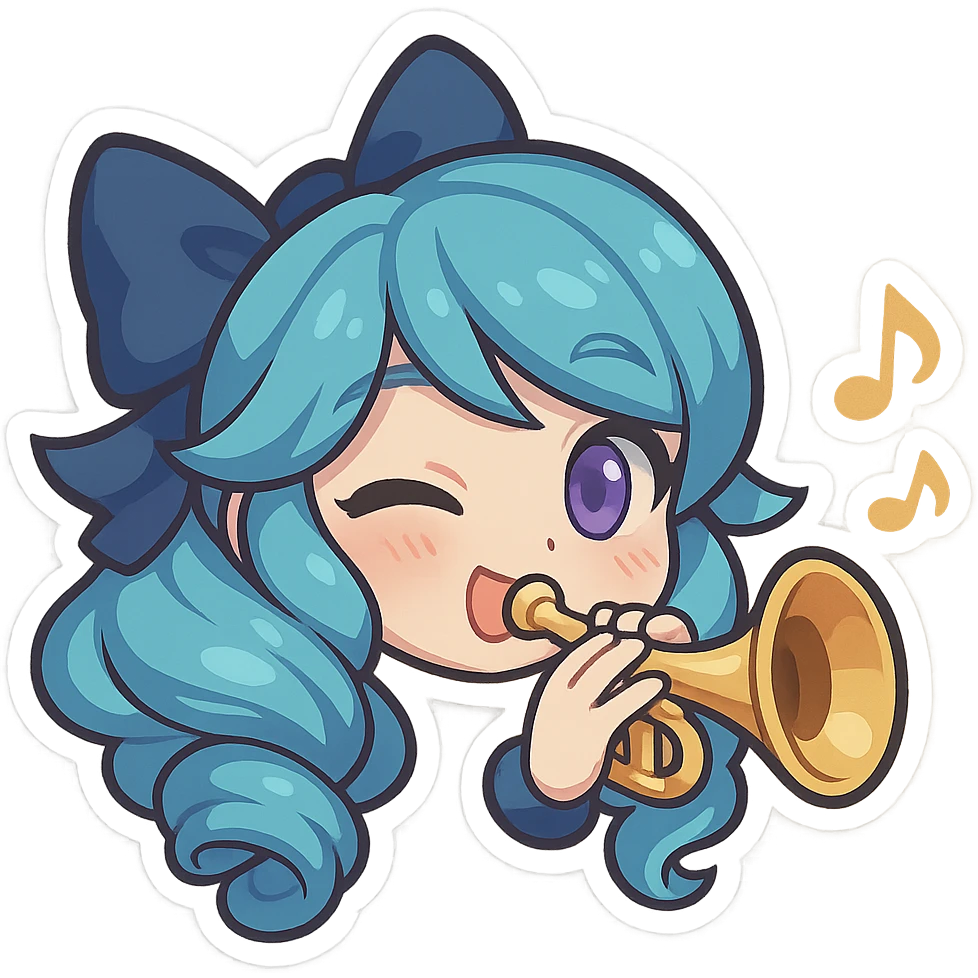 chibi style emote of Gwen from League of Legends, just the head, right eye purple, playing a trumpet, excited expression emoji