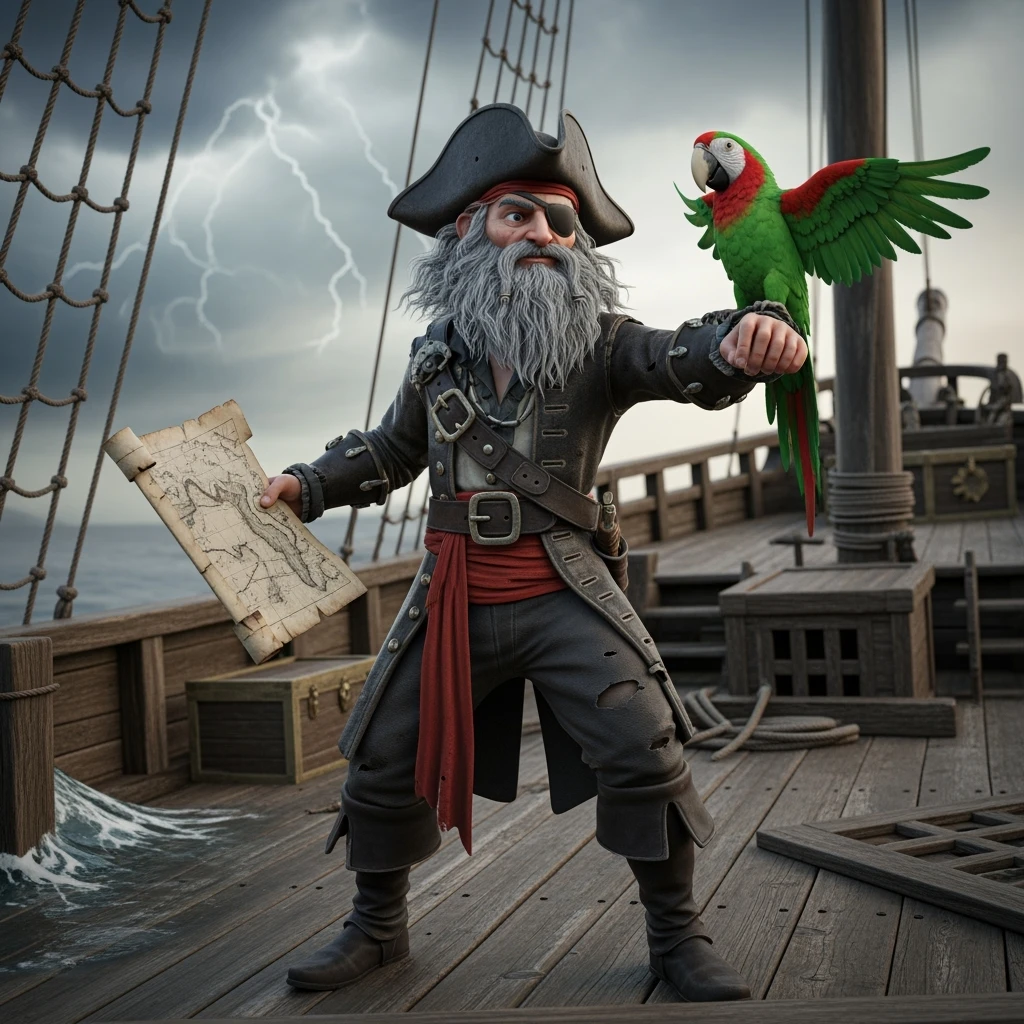 3d art of a pirate with eye patch and parrot in emoji