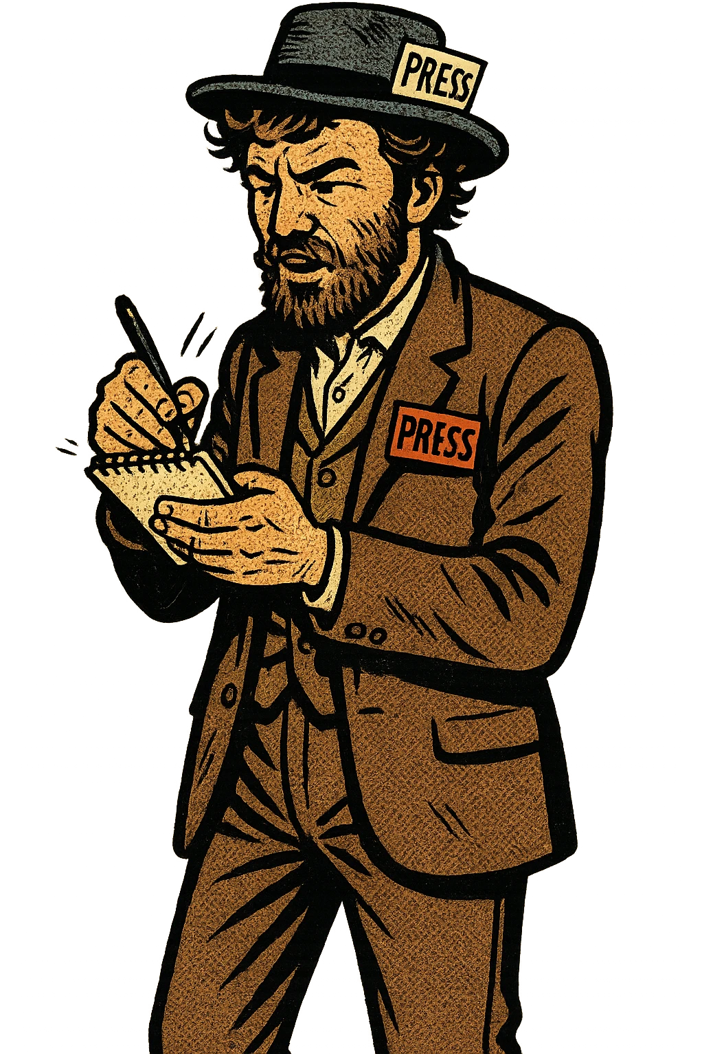The full body of a scruffy American male journalist from the 1880s holding a note pad and pen. He is wearing a 'press' badge on his chest. emoji