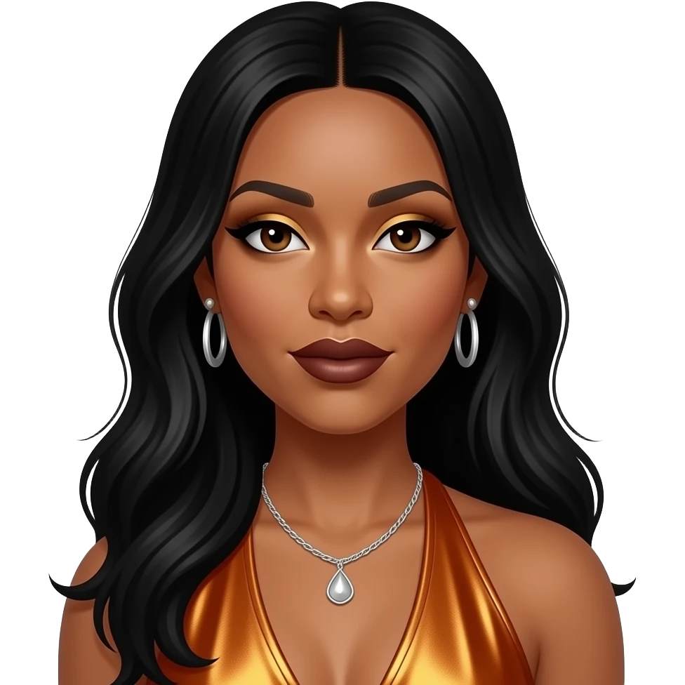 Rozonda Chilli Thomas of TLC with dark brown eyes, long black hair, gold eyeshadow, dark brown lipstick, amber metallic halter dress, silver necklace and earrings emoji